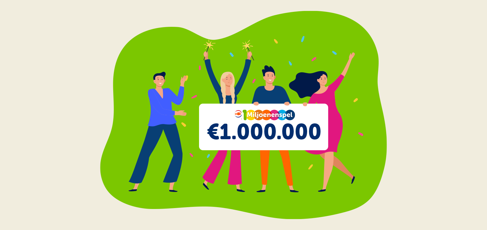 Groep mensen viert met een bord van â‚¬1.000.000 voor rniljoenenspel, confetti en feestelijke sfeer.